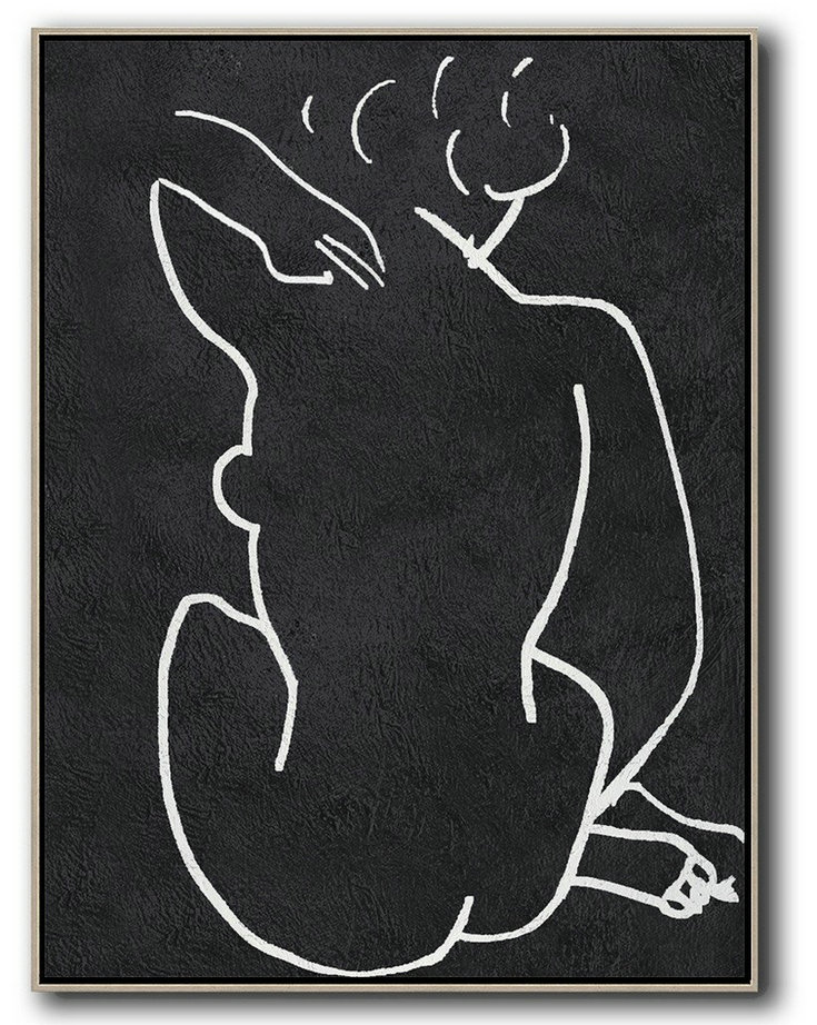 Handmade Large Contemporary Art,Black And White Minimal Painting On Canvas - Big Canvas Painting